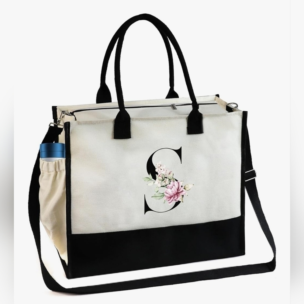 Monogrammed Floral Letter -S- Canvas Tote Bag Zipper Pocket Side Pouch Gift NWT